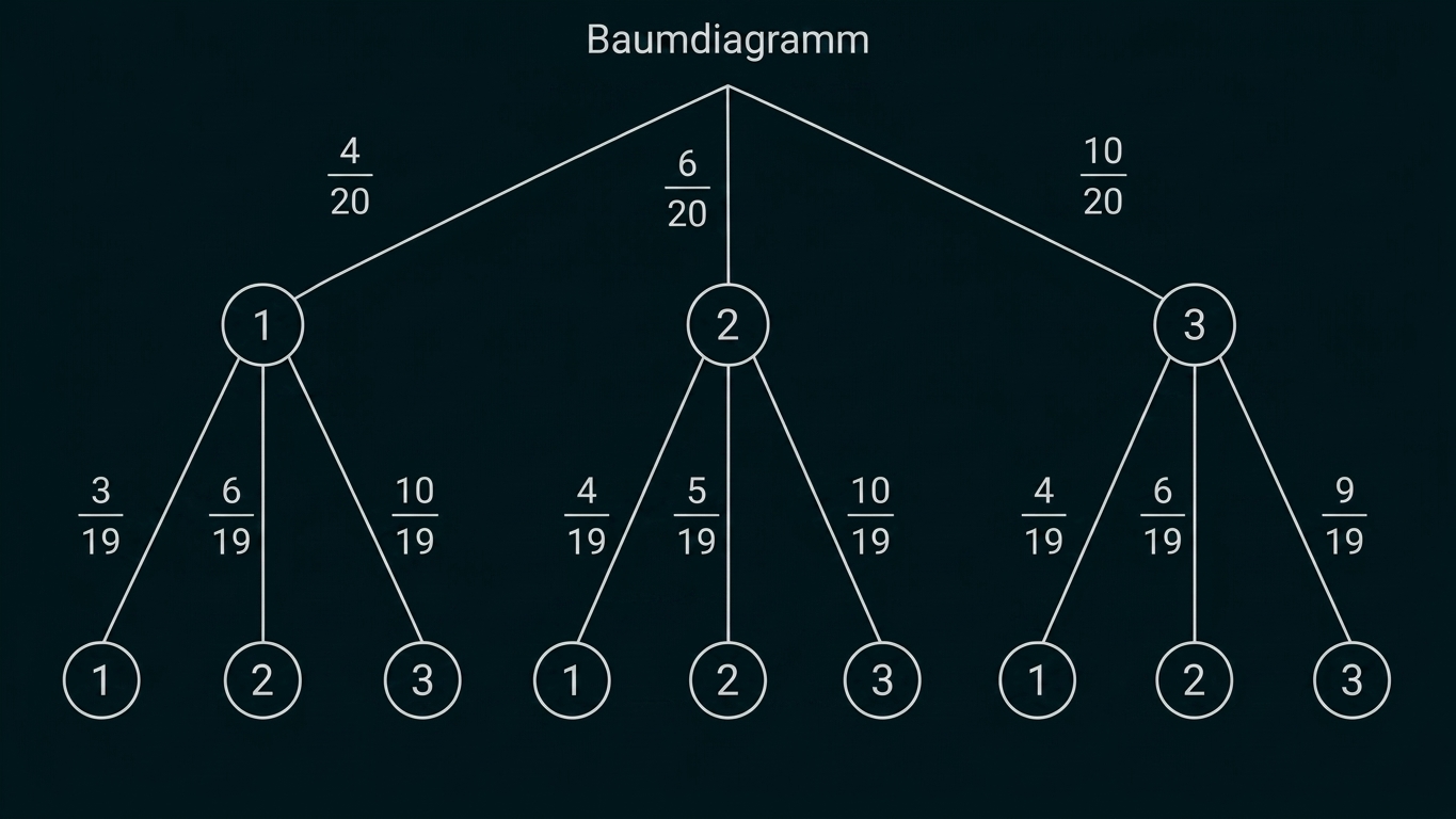Baumdiagramm mit Wahrscheinlichkeiten und Zahlen 1, 2, 3